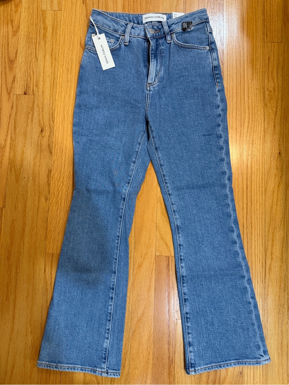 Denim Forum Mid-Blue High-Rise Flare Jeans